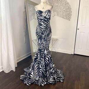 Cache Y2K Satin Black White Zebra Mermaid Trumpet Maxi Strapless Prom Dress S
